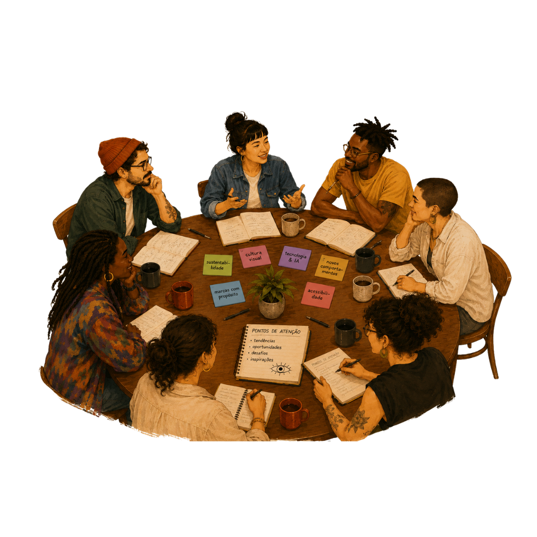 Ilustração de designers reunidos ao redor de uma mesa redonda